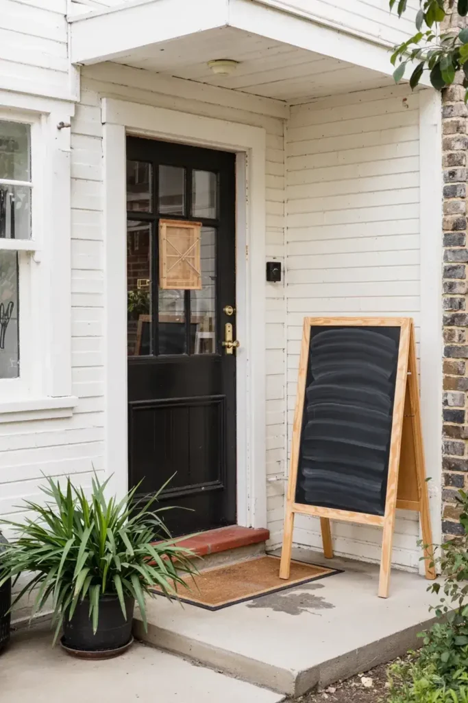 Black front door of a white building with a potted plant and blank A-frame chalkboard sign on the porch.