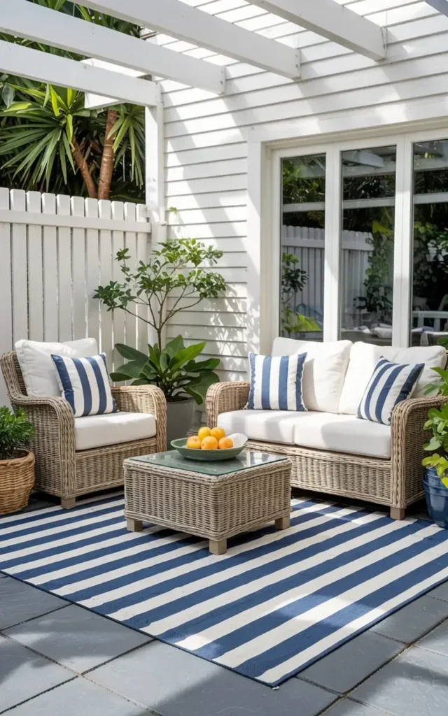 White patio furniture with blue striped pillows arranged on a gray tiled patio with a blue and white striped rug.