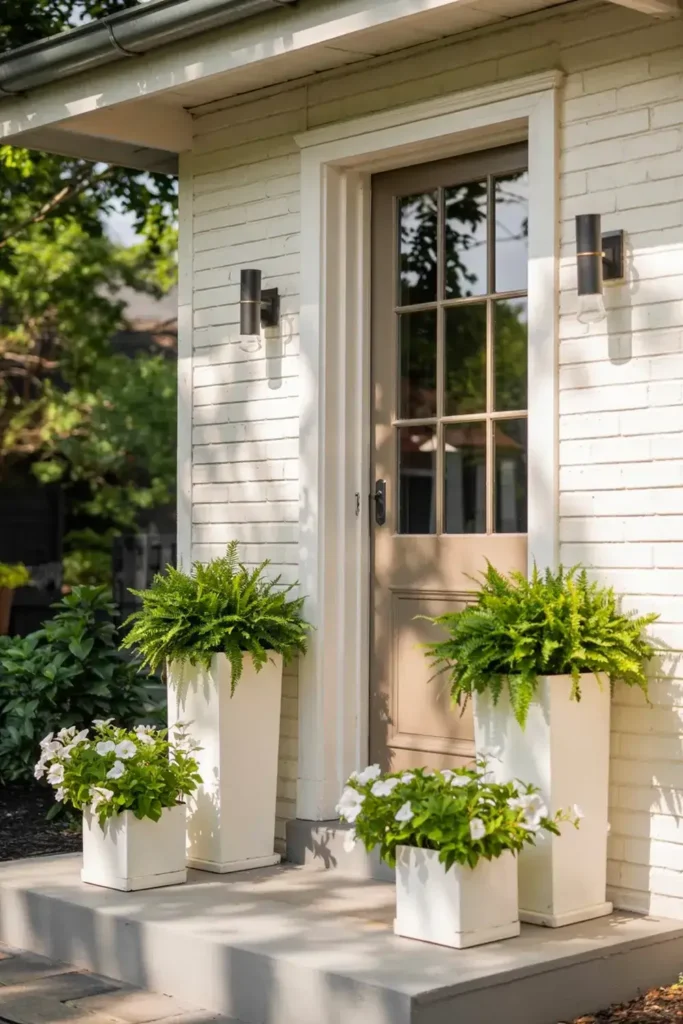 White brick house entrance with beige door flanked by ferns and petunias in white planters.