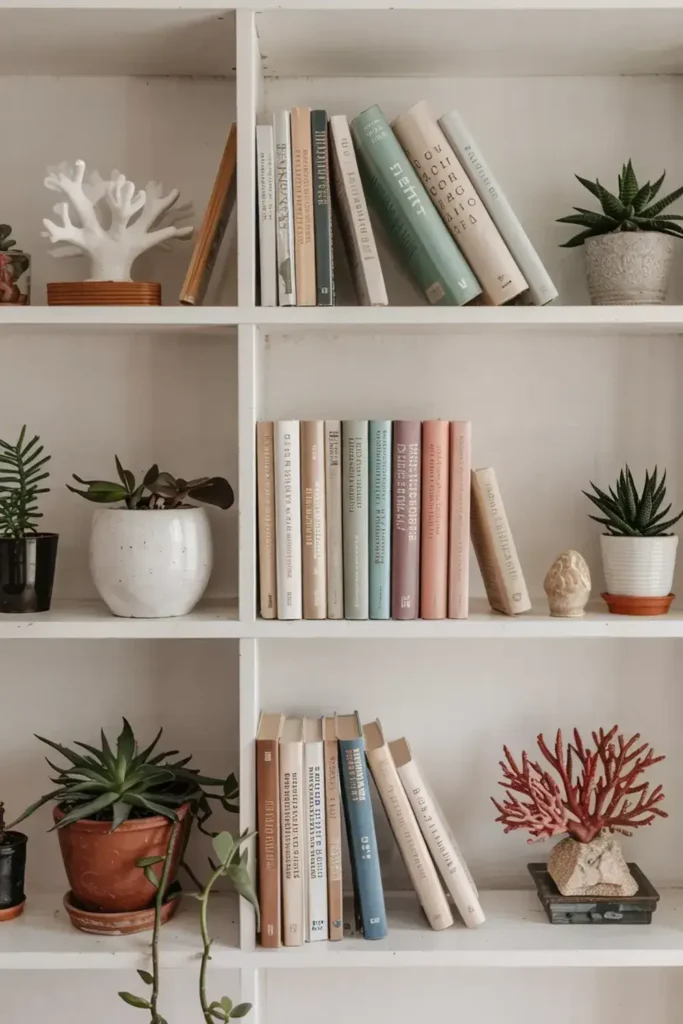 White bookshelf filled with books, plants, and decorative objects.
