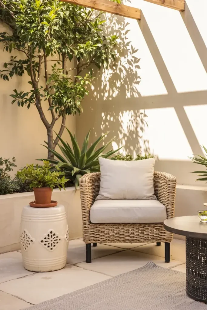 Wicker armchair with white cushions sits on a sunny patio beside plants and a ceramic garden stool.