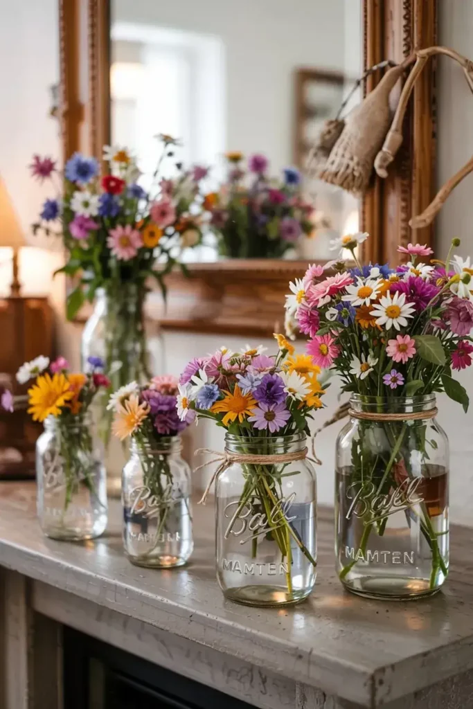 Four mason jar vases filled with colorful wildflowers sit on a marble surface in front of a mirror.