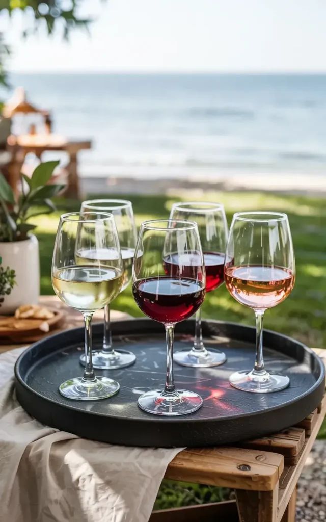 Five wine glasses with different colored wines on a gray tray sit on a wooden table overlooking the ocean.