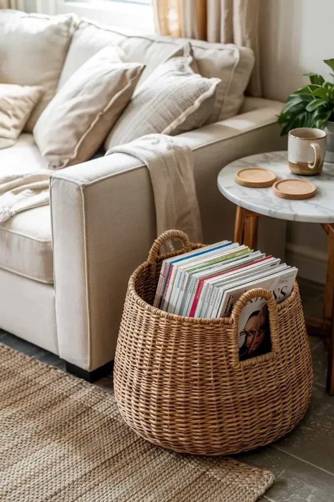 Interior view of a living room with a beige sofa, a wicker basket filled with magazines, and a small marble table.