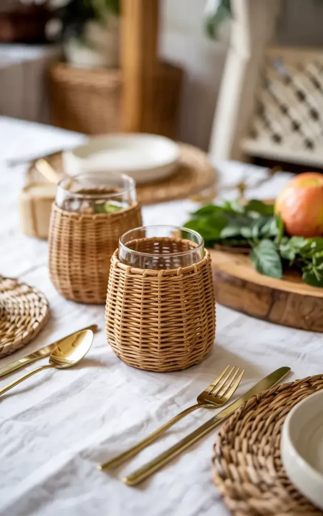 Close-up of a table setting with woven glass holders, gold flatware, and woven placemats.