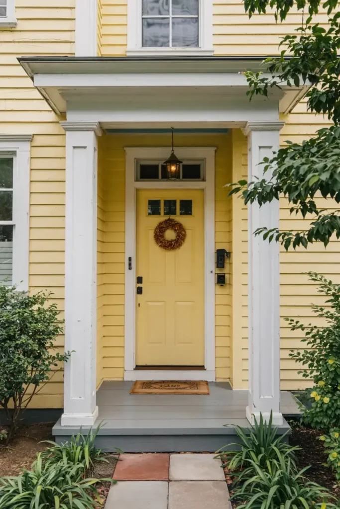 Yellow front door with a wreath on a yellow house with a white-trimmed covered porch.