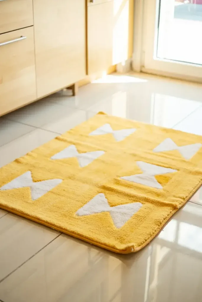 Yellow bath mat with white bowtie pattern on tiled floor.