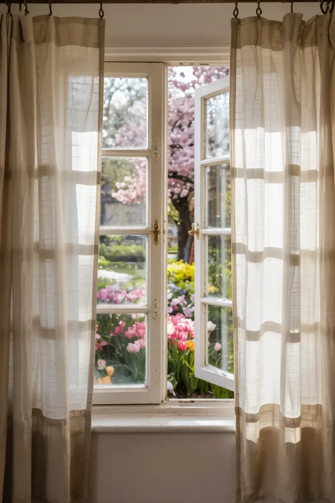 Open window with sheer curtains reveals a garden with tulips and a blossoming tree.