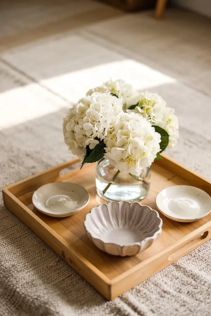 White hydrangeas in a glass vase with decorative bowls arranged on a wooden tray.